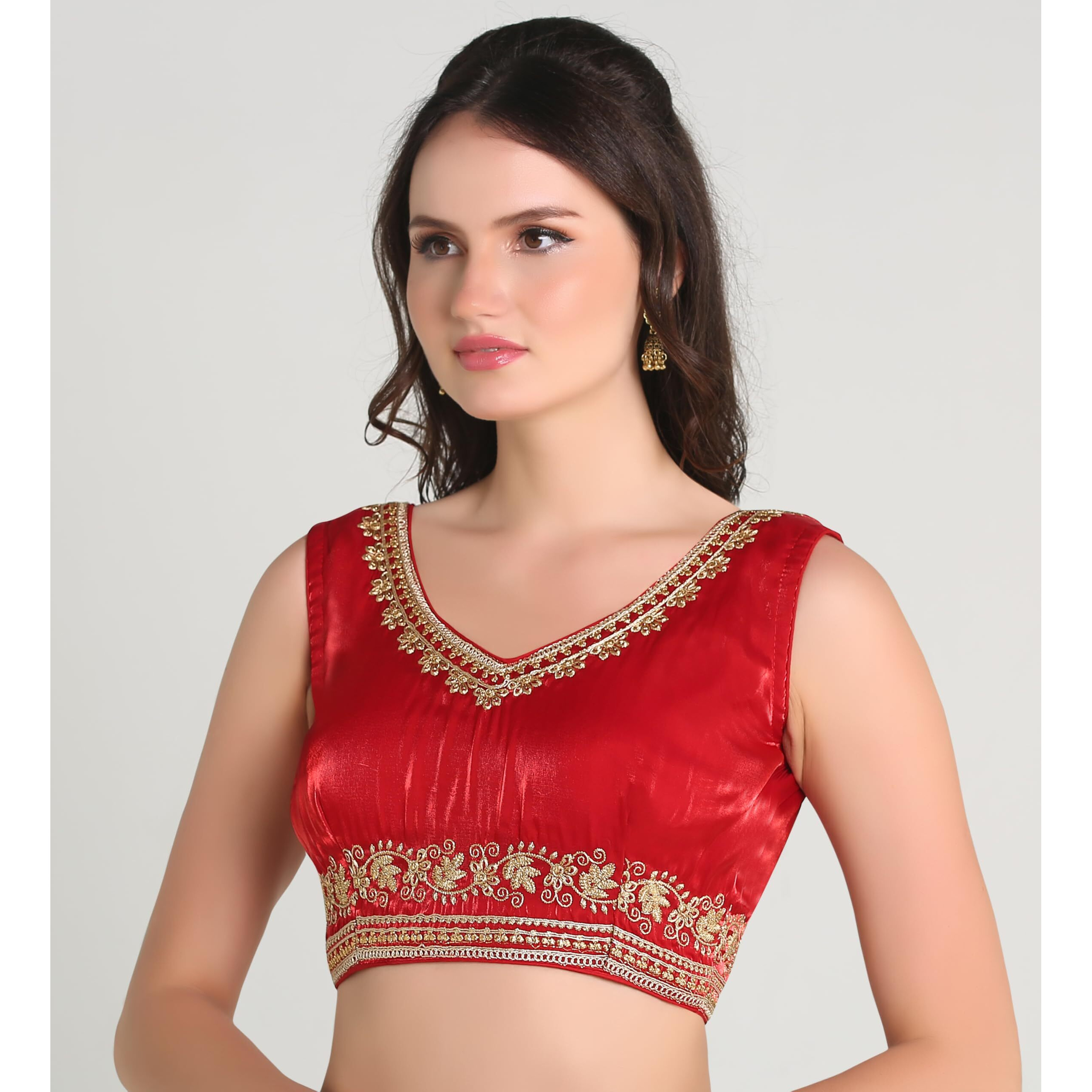 Pujia Mills Women's Sequin Embroidered V Neck Sleeveless Readymade Saree Blouse Indian Ethnic Designer Stitched Readymade Saree Blouse Sleeveless Blouse Readymade Blouse For Women (Red, 34)