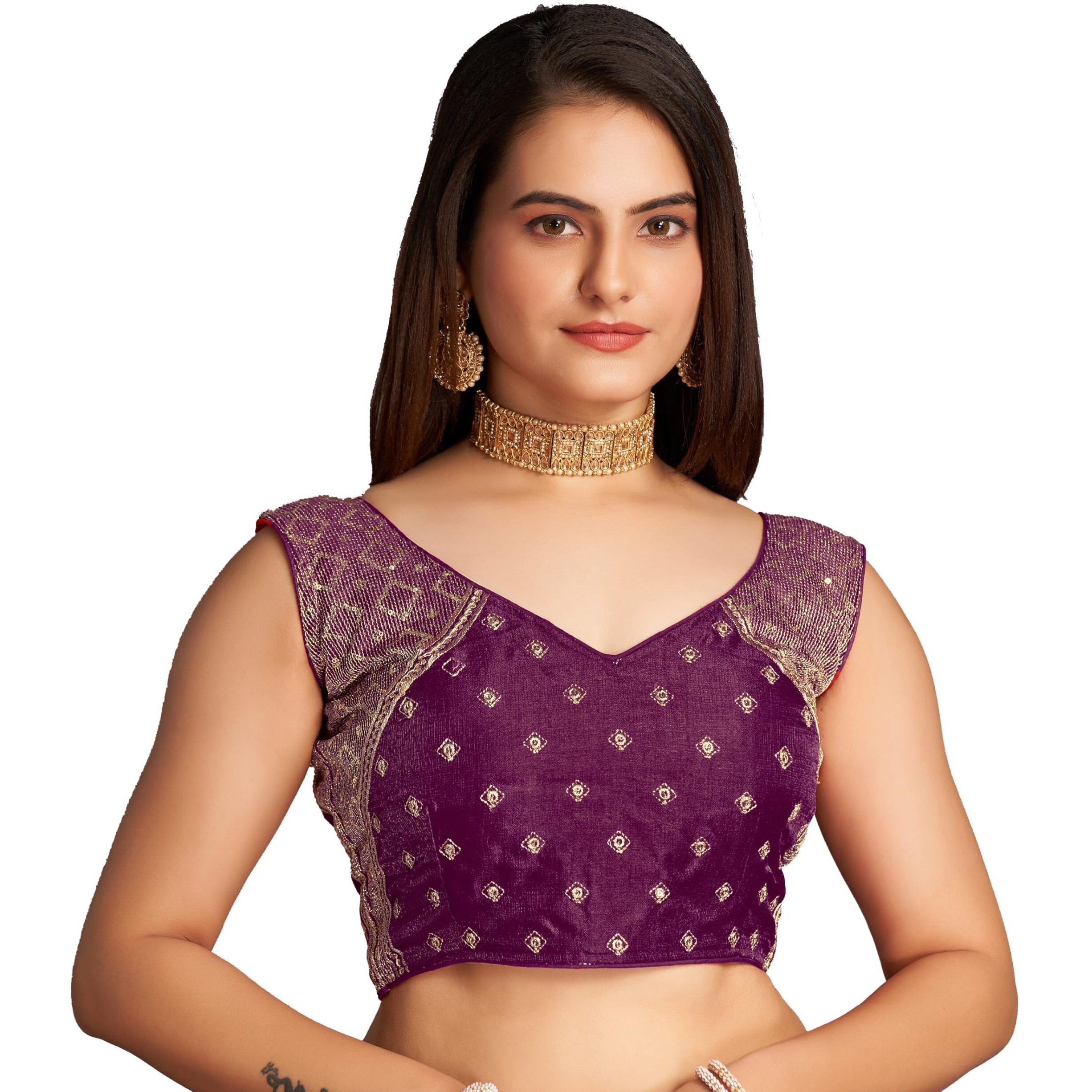Pujia Mills Women's Sequin Embroidered V Neck Sleeveless Wine Readymade Saree Blouse Indian Ethnic Stitched Padded Blouses For Women