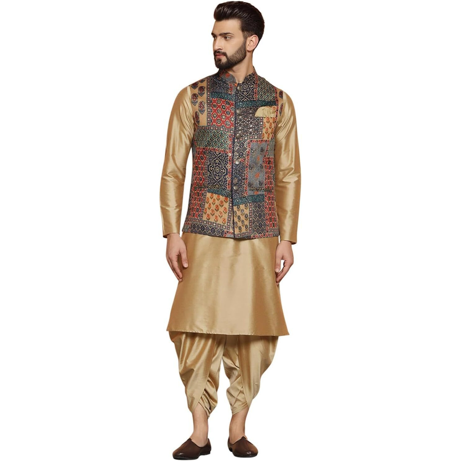 Kisah Men's Ethnic Wear Regular Fit Cotton Blend Printed Multi-Beige Kurta Dhoti Pants And Jacket Set (L)