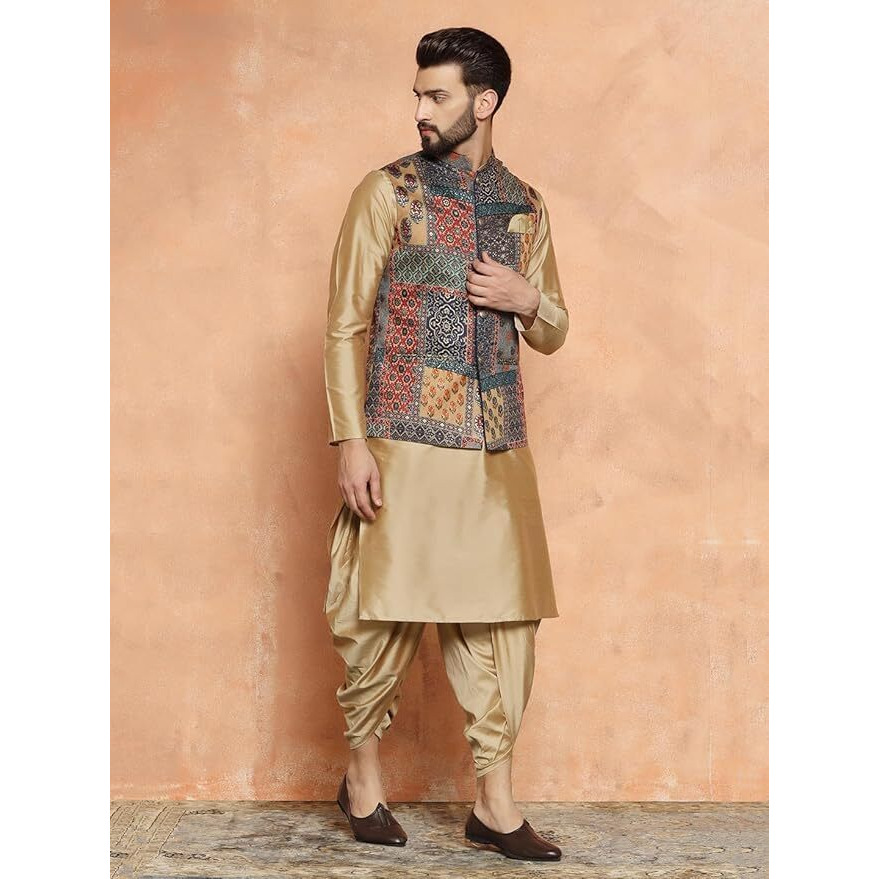 Kisah Men's Ethnic Wear Regular Fit Cotton Blend Printed Multi-Beige Kurta Dhoti Pants And Jacket Set (L)
