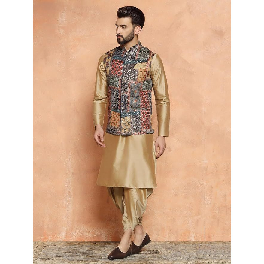 Kisah Men's Ethnic Wear Regular Fit Cotton Blend Printed Multi-Beige Kurta Dhoti Pants And Jacket Set (L)