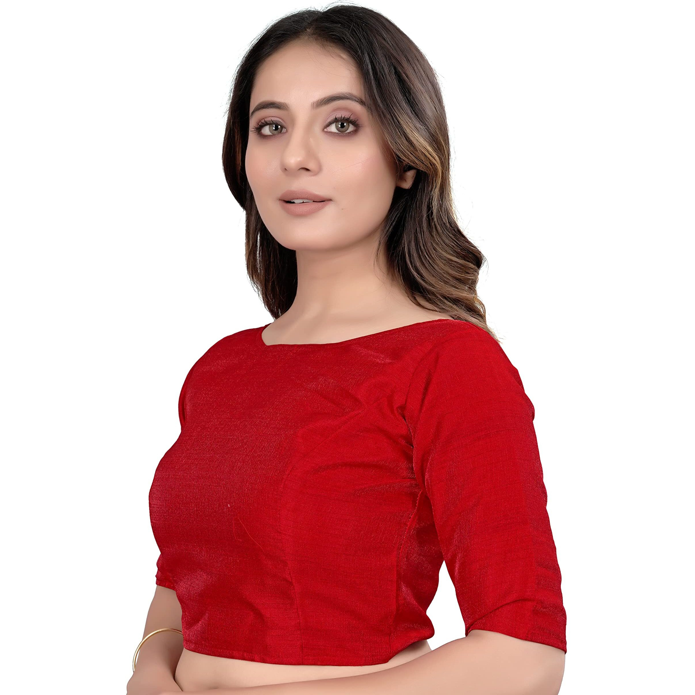 Pujia Mills Women's Slub Silk Boat Neck With Elbow Length Sleeve Plain Fancy Blouse(Slub Red_M)