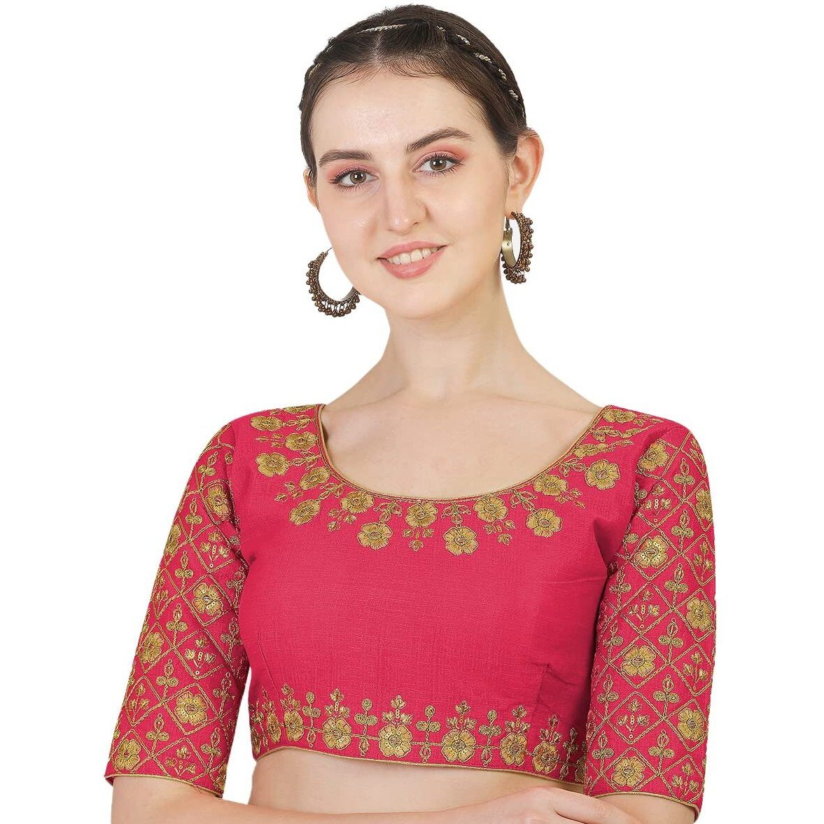Pujia Mills Women's Embroidery Handwork Heavy Sleeves Readymade Blouse (Gajari)