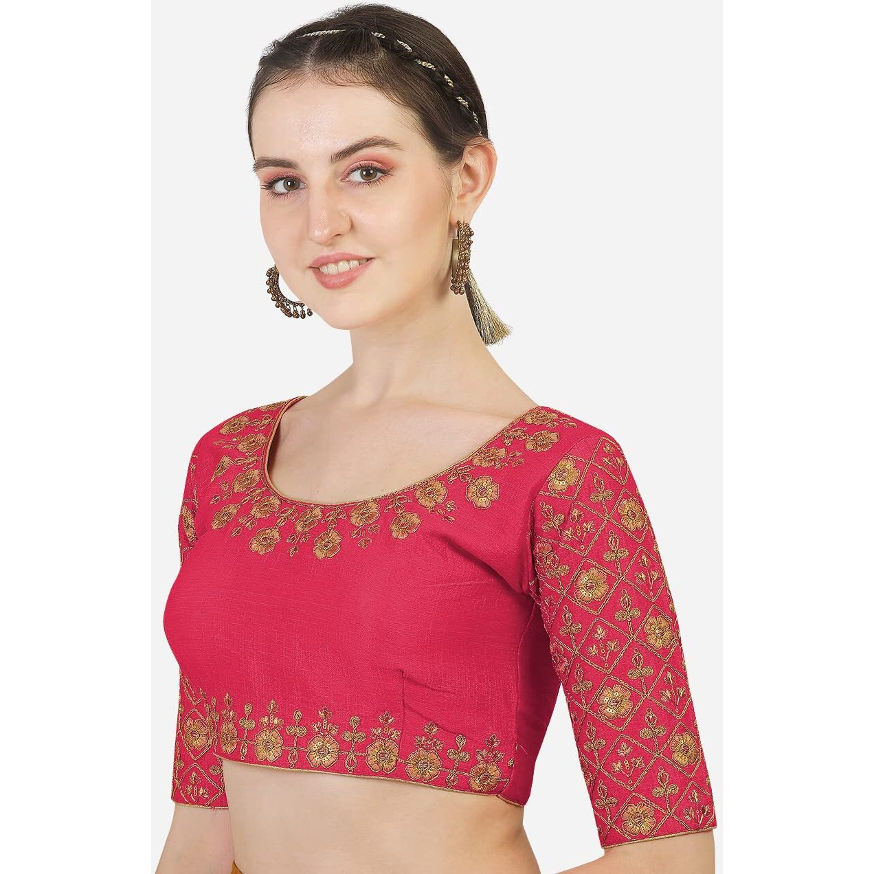 Pujia Mills Women's Embroidery Handwork Heavy Sleeves Readymade Blouse (Gajari)