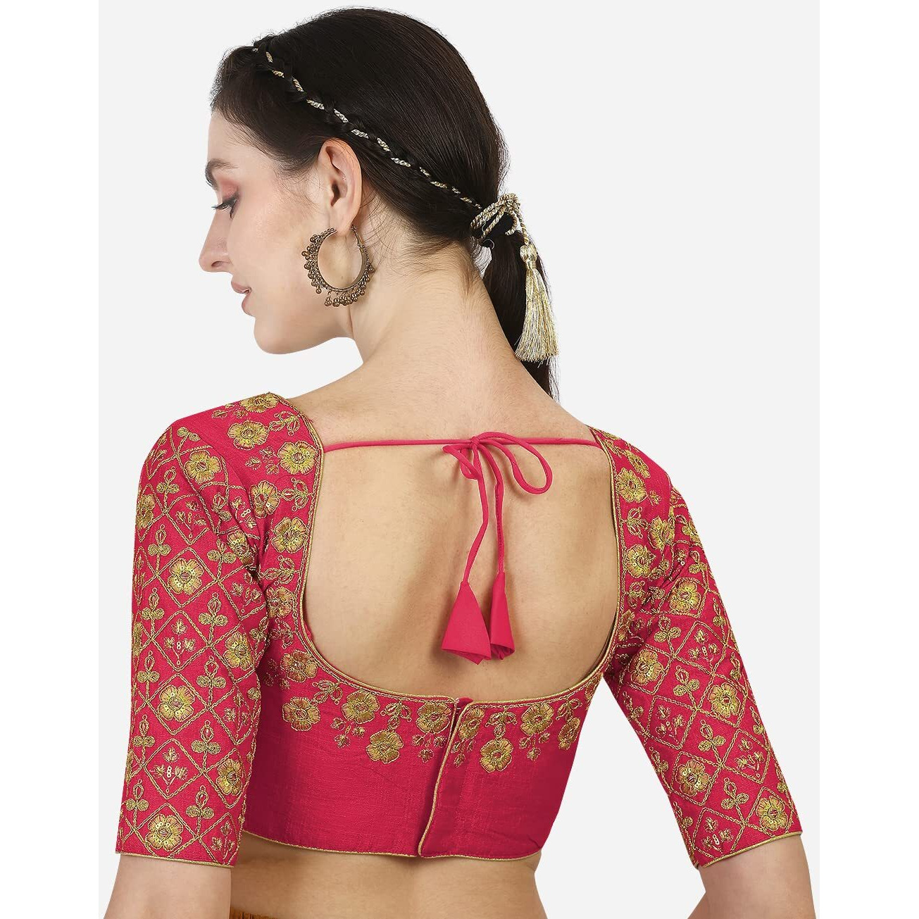 Pujia Mills Women's Embroidery Handwork Heavy Sleeves Readymade Blouse (Gajari)
