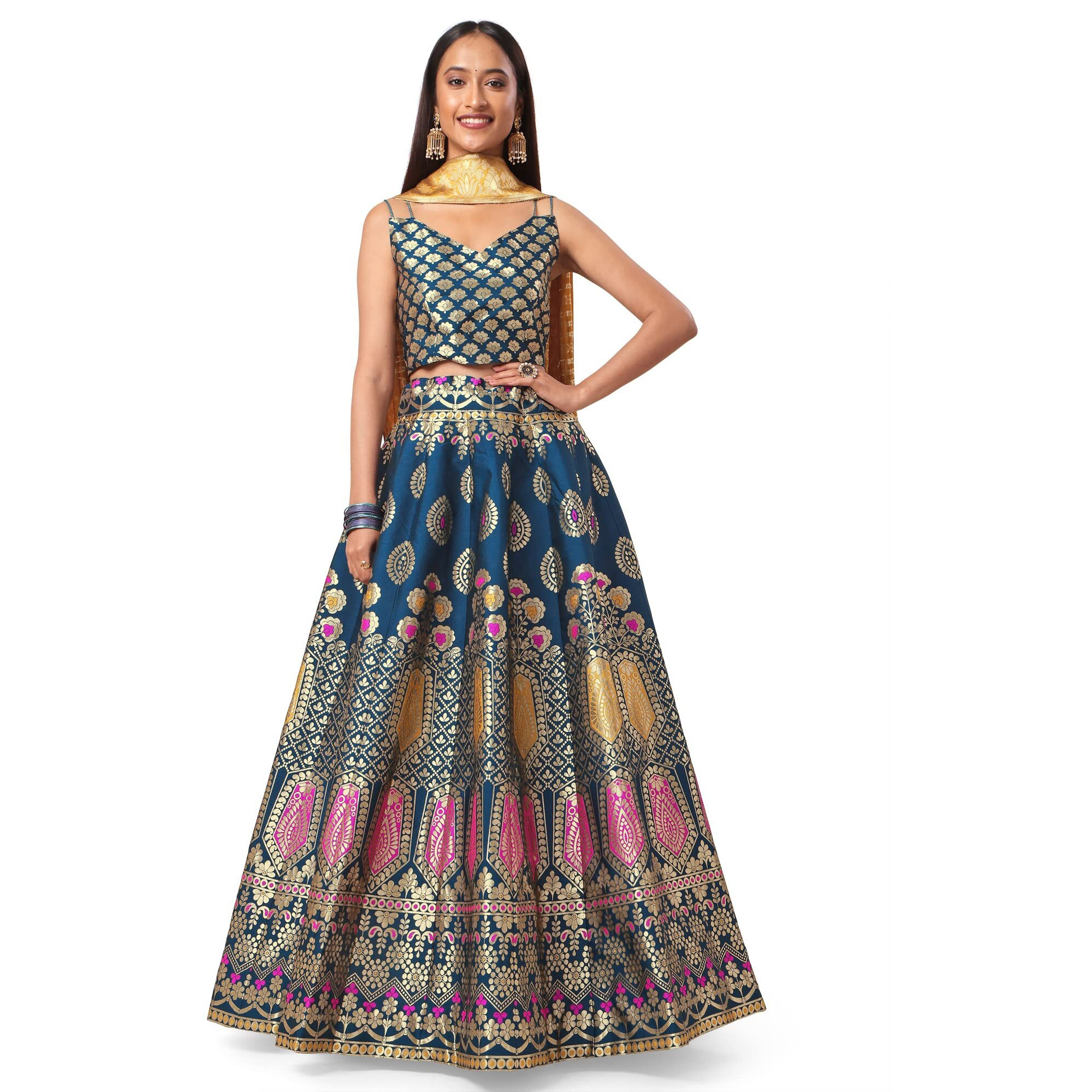 Purvaja Women's Jacquard Semi-Stitched Lehenga Choli (Chahat-Rama_Rama_Free Size)