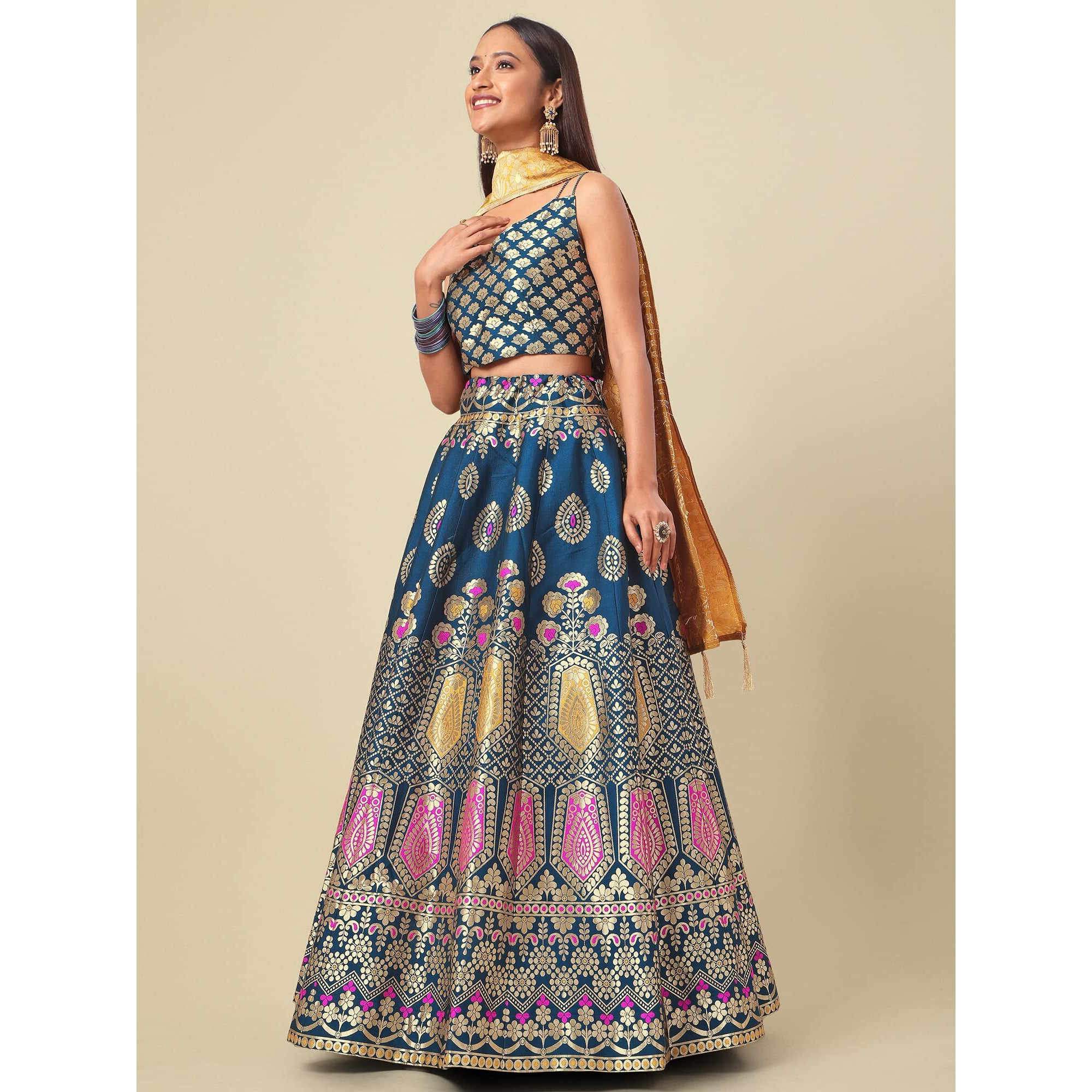 Purvaja Women's Jacquard Semi-Stitched Lehenga Choli (Chahat-Rama_Rama_Free Size)