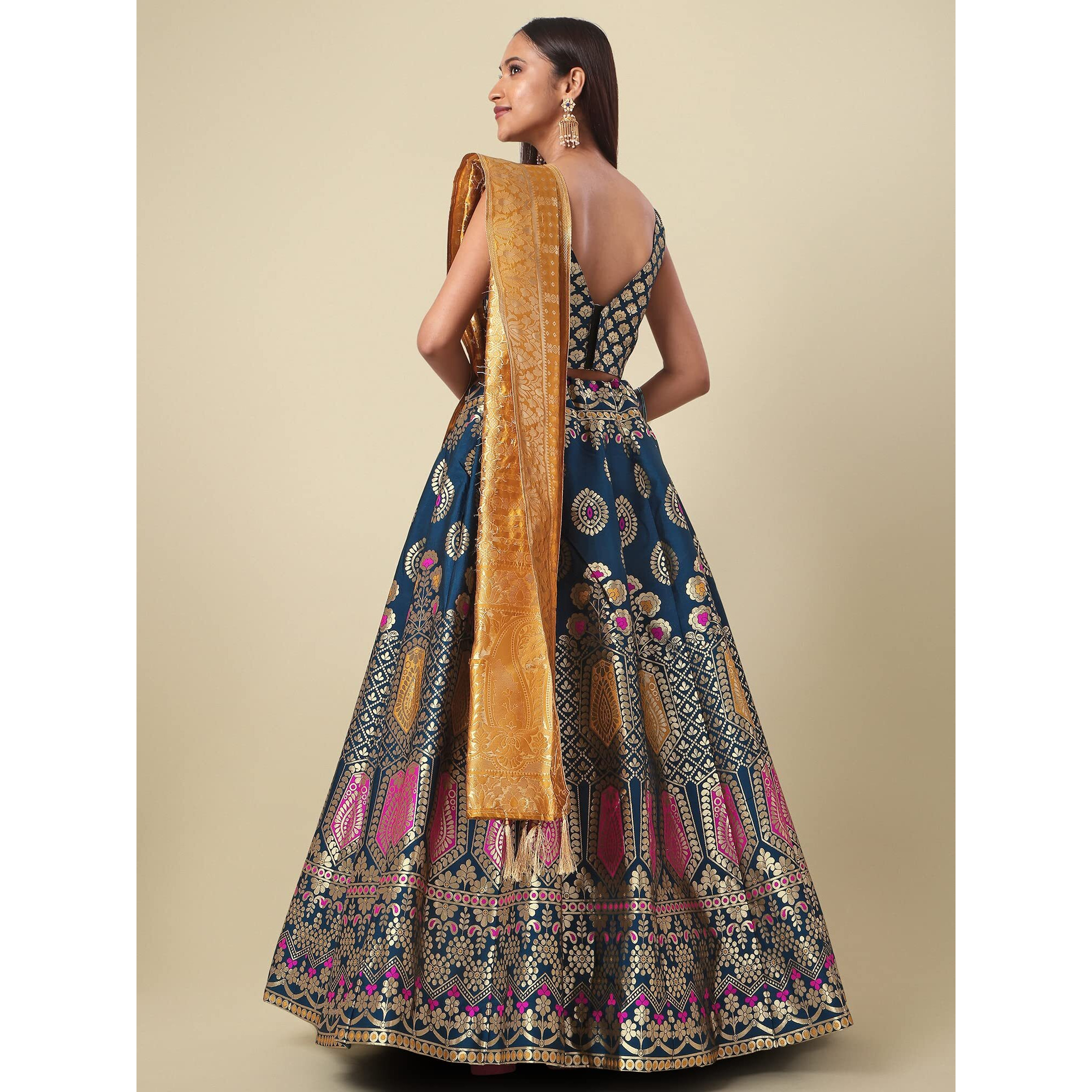 Purvaja Women's Jacquard Semi-Stitched Lehenga Choli (Chahat-Rama_Rama_Free Size)