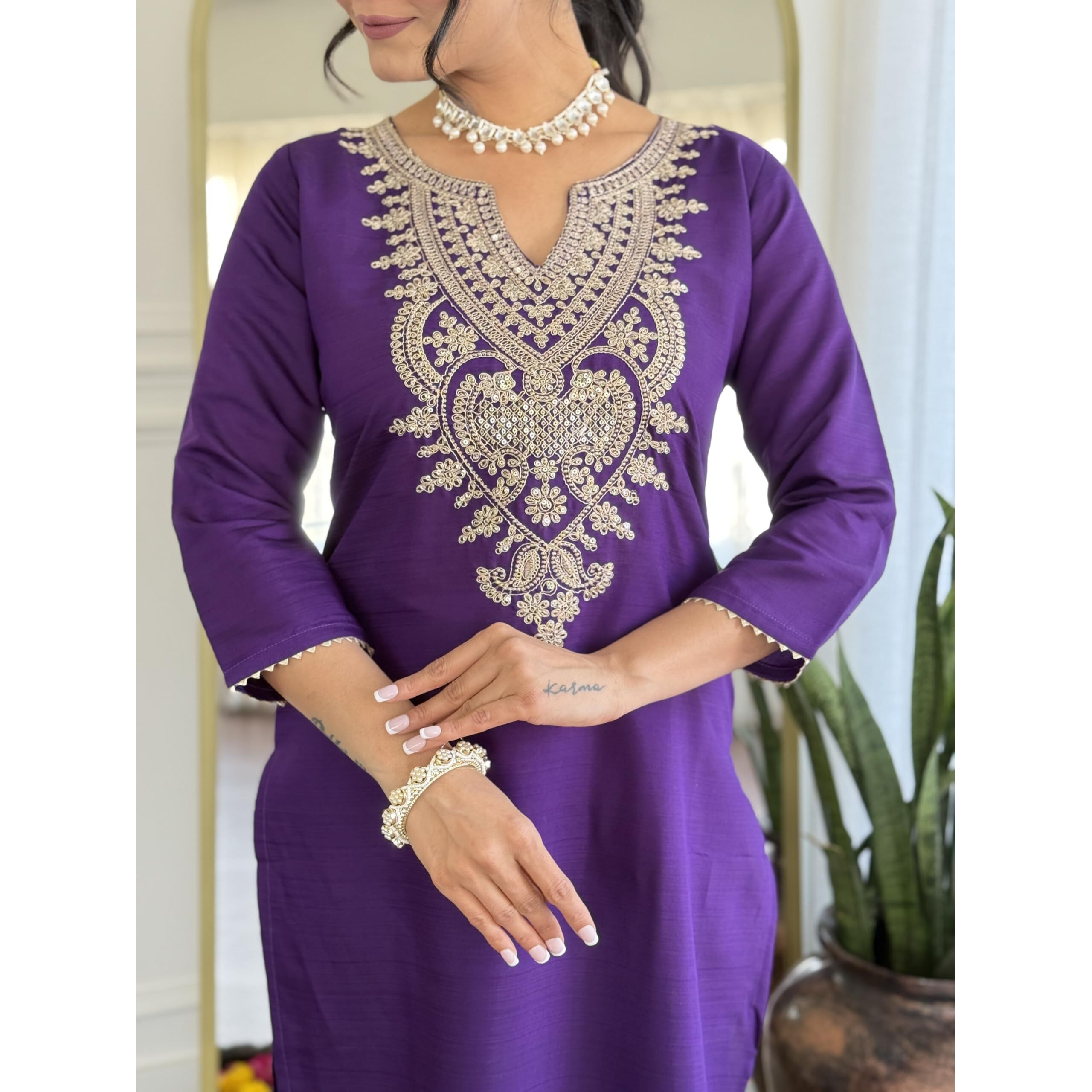 Nermosa Womens Silk Solid Purple Kurta Set With Dupatta Golden Embroidery Work (In, Alpha, L, Purple)