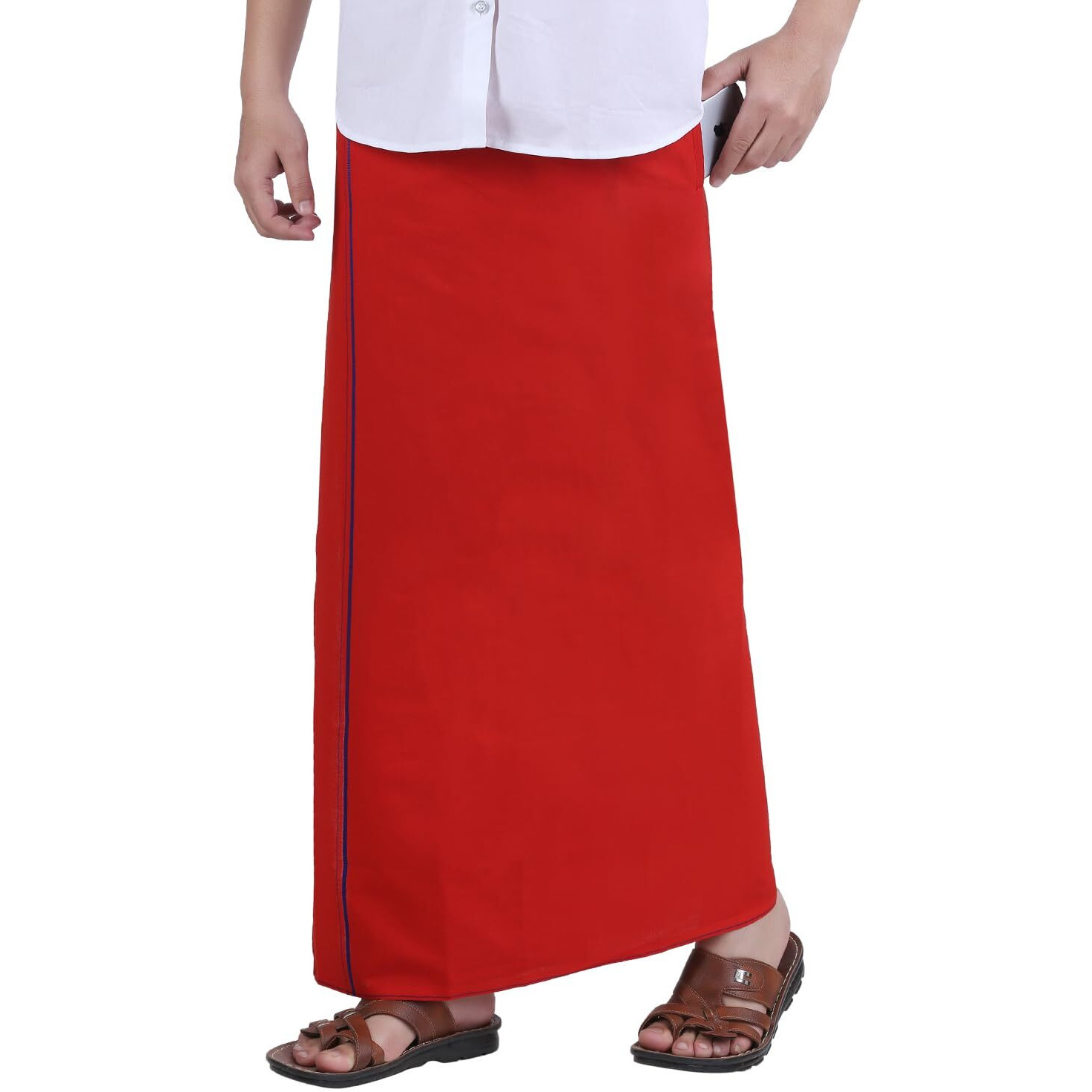 Prakasam Cotton Mens Red Colour Welcro Pocket Single Dhoti/ Mundu/Colour Dhoti/Single Dhoti With Pocket/Red Dhoti (Roja-Red) Size -Medium (Hip Size 34 To 40)