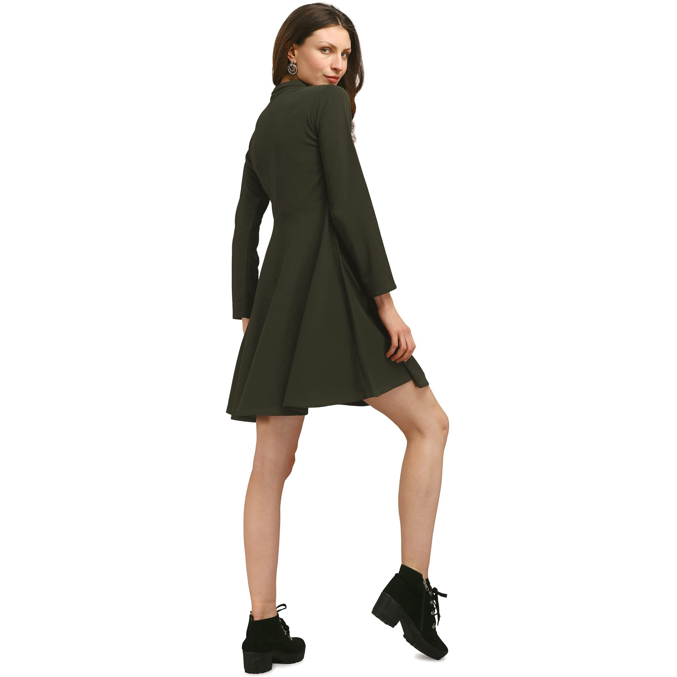 Purvaja Womens Fit & Flare Above Knee Length Dress (Ruby-469-Dark Olive_Dark Olive_Small)