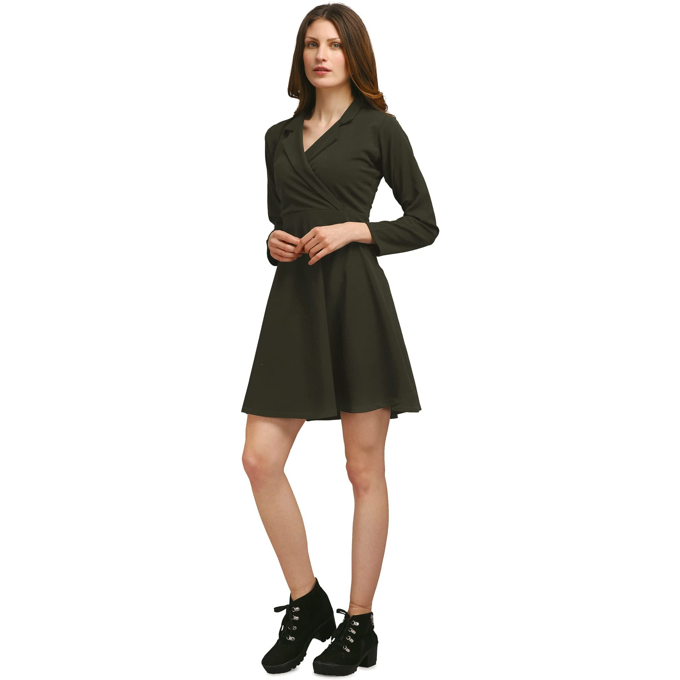 Purvaja Womens Fit & Flare Above Knee Length Dress (Ruby-469-Dark Olive_Dark Olive_Small)