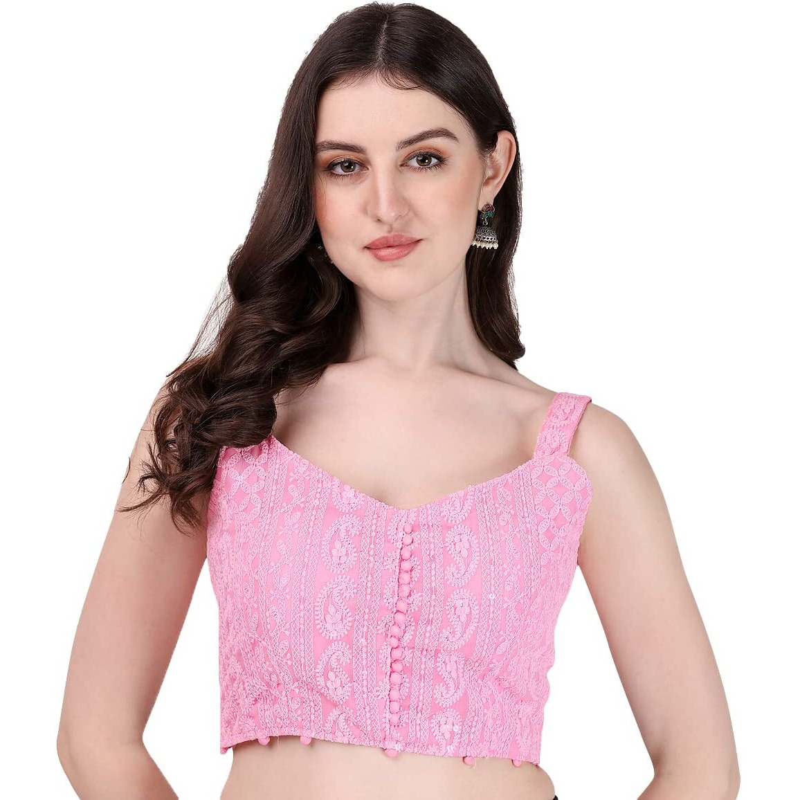 Pujia Mills Women's Embroidery Sleeveless Blouse (Lakhnavi 4_Baby Pink_38)