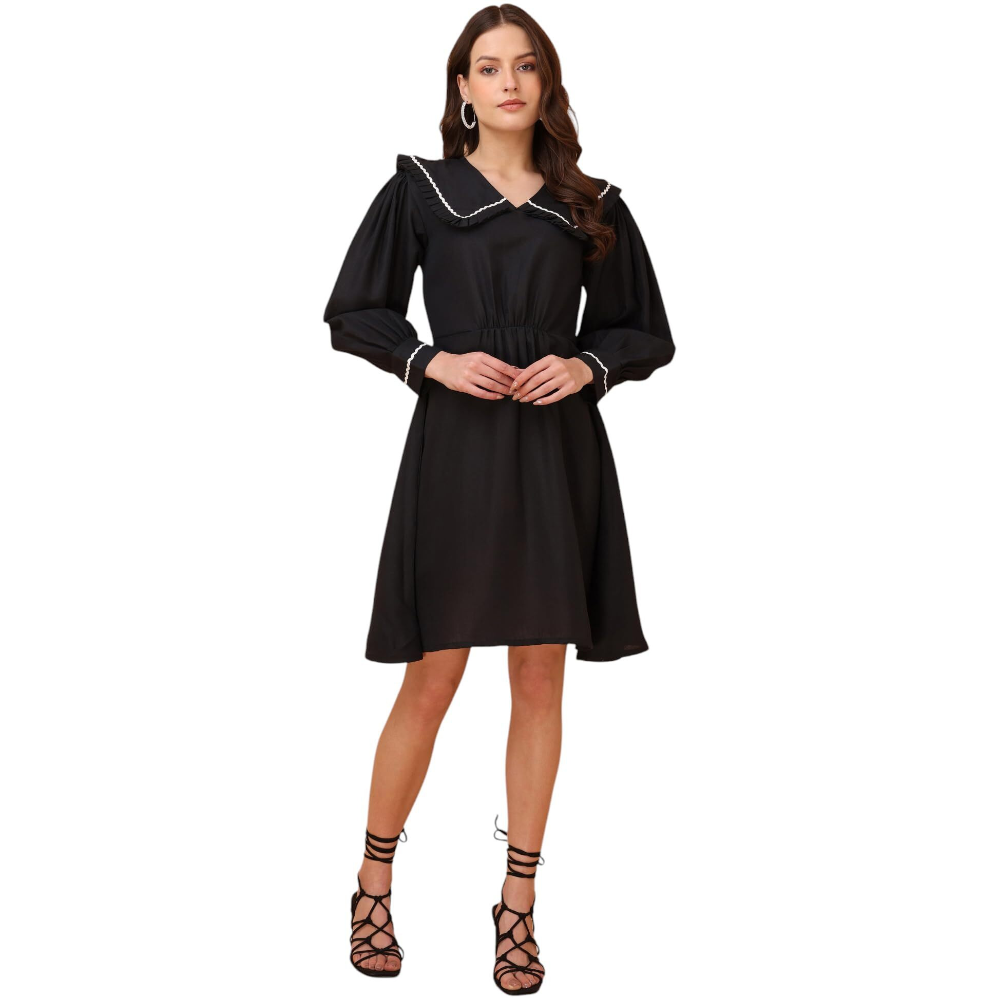 Purvaja Womens V-Neck Fit & Flared Cotton Blend Dress (Floe-037-L_Black)