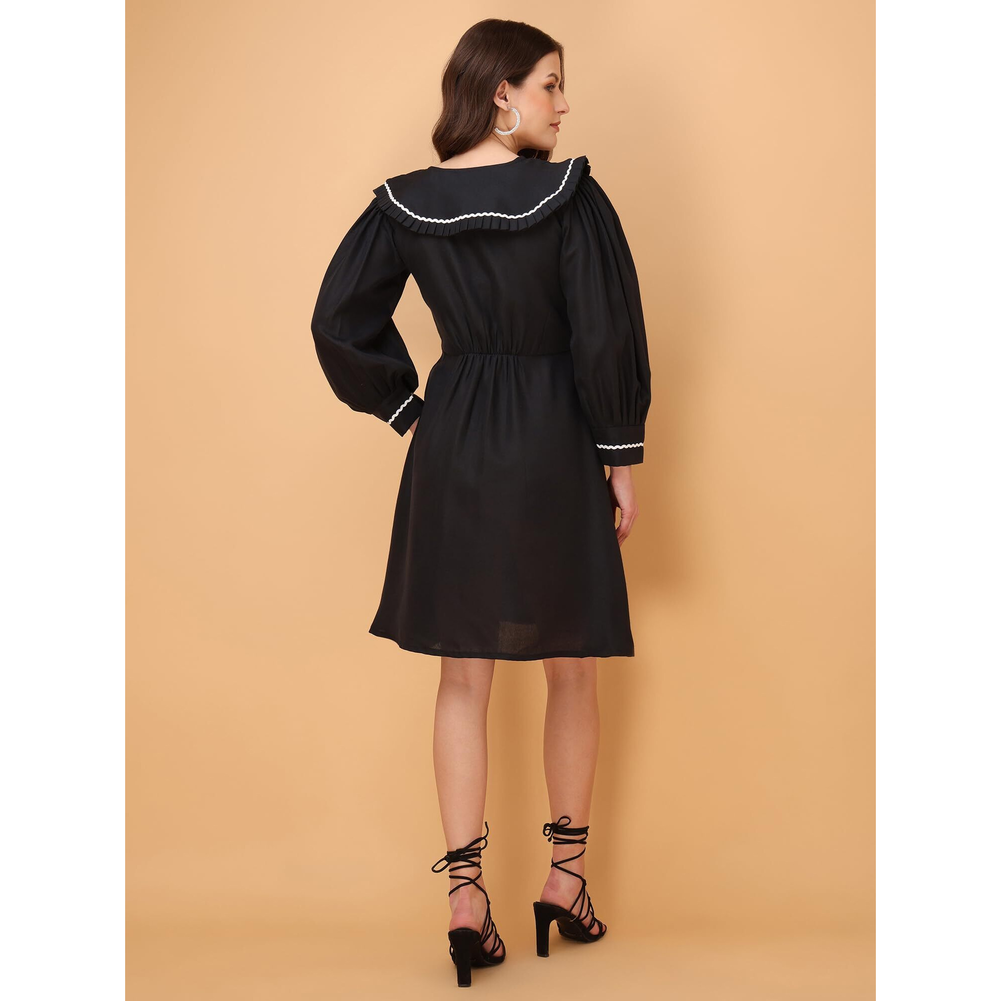 Purvaja Womens V-Neck Fit & Flared Cotton Blend Dress (Floe-037-L_Black)