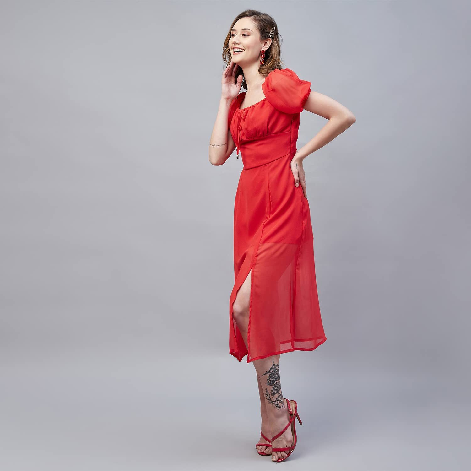 Rare Women's Georgette A-Line Midi Dress (Ep7545_Red_L)