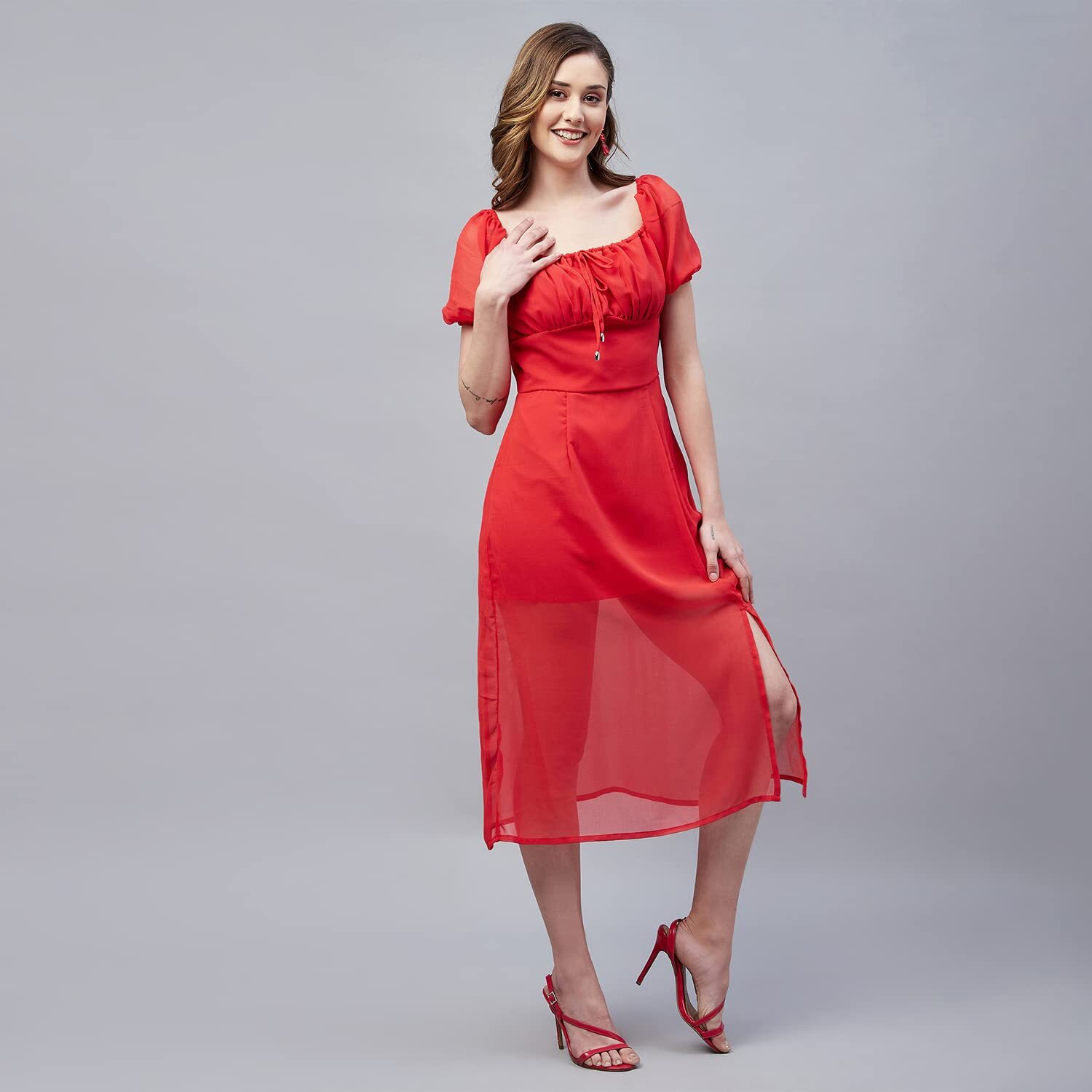 Rare Women's Georgette A-Line Midi Dress (Ep7545_Red_L)