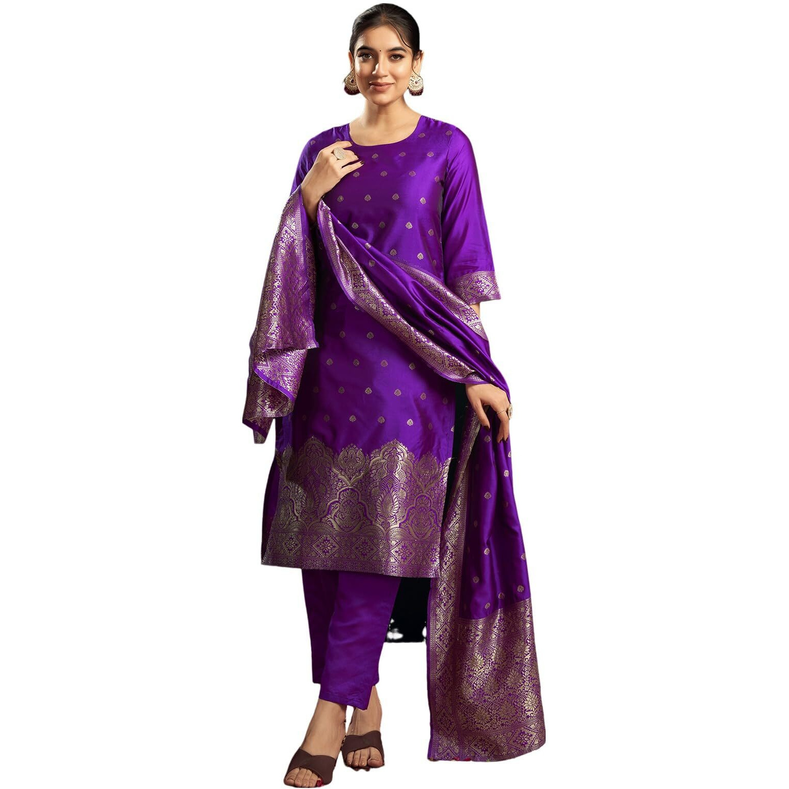 Sanisa Women's Silk Blend Jacquard Work Straight Kurta With Pant And Dupatta Set (217Kbd2300N-Xxl_Violet & Golden)