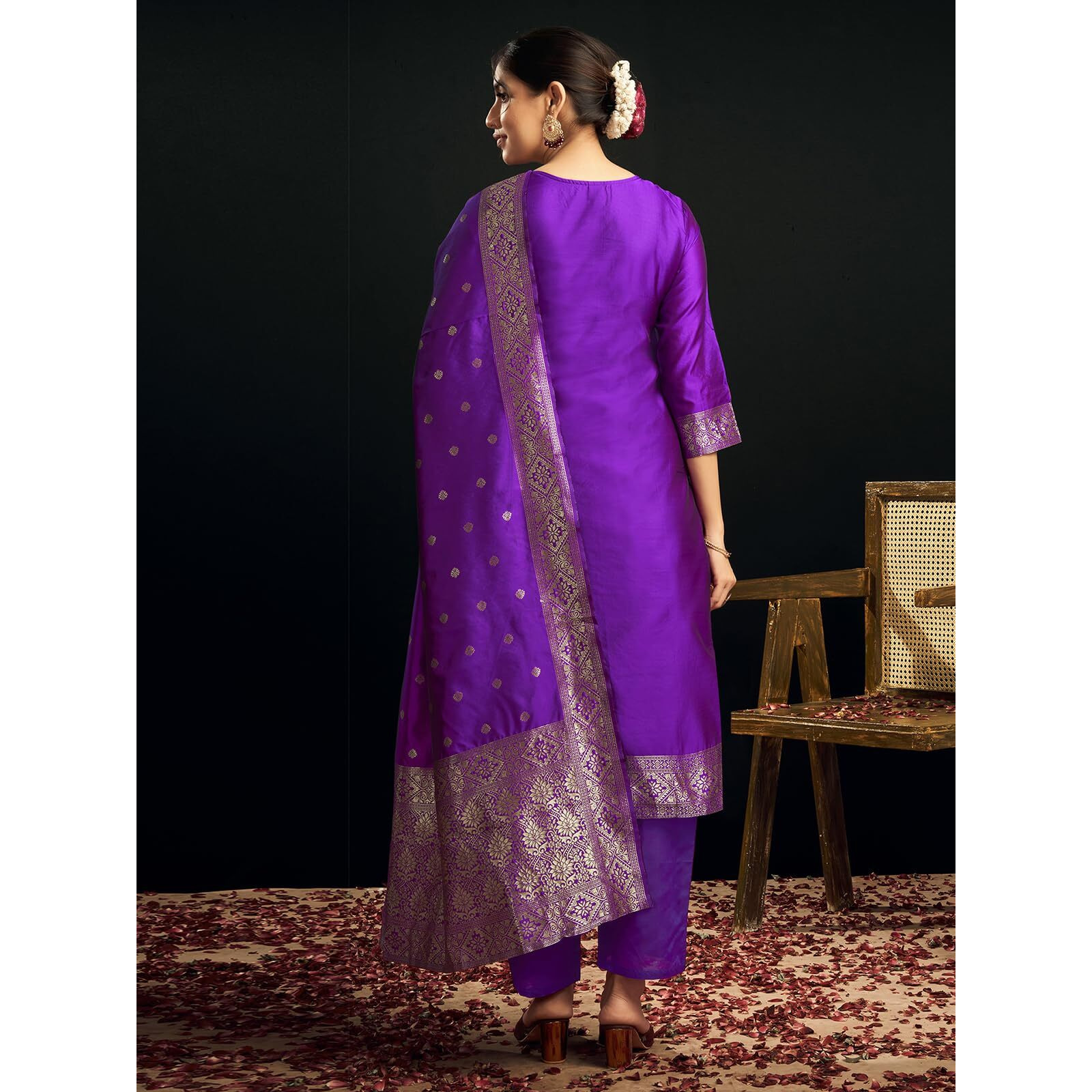 Sanisa Women's Silk Blend Jacquard Work Straight Kurta With Pant And Dupatta Set (217Kbd2300N-Xxl_Violet & Golden)