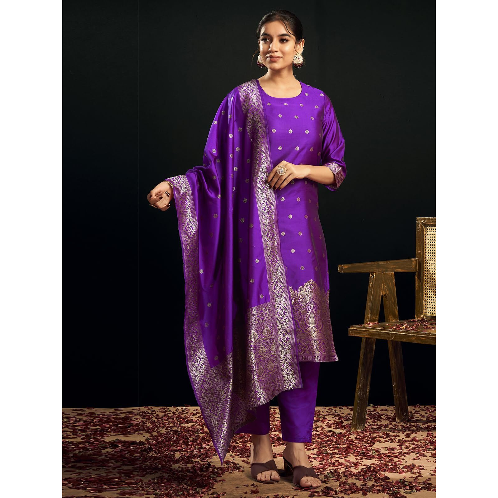 Sanisa Women's Silk Blend Jacquard Work Straight Kurta With Pant And Dupatta Set (217Kbd2300N-Xxl_Violet & Golden)