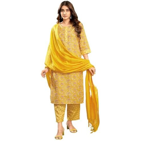 Sanisa Women's Cotton Blend Printed Foil Work Straight Kurta With Pant And Dupatta Set (173Kbd1853N-M_Yellow & Multi)
