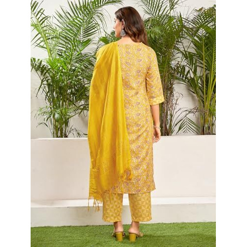 Sanisa Women's Cotton Blend Printed Foil Work Straight Kurta With Pant And Dupatta Set (173Kbd1853N-M_Yellow & Multi)