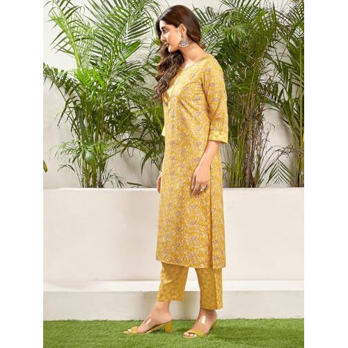 Sanisa Women's Cotton Blend Printed Foil Work Straight Kurta With Pant And Dupatta Set (173Kbd1853N-M_Yellow & Multi)