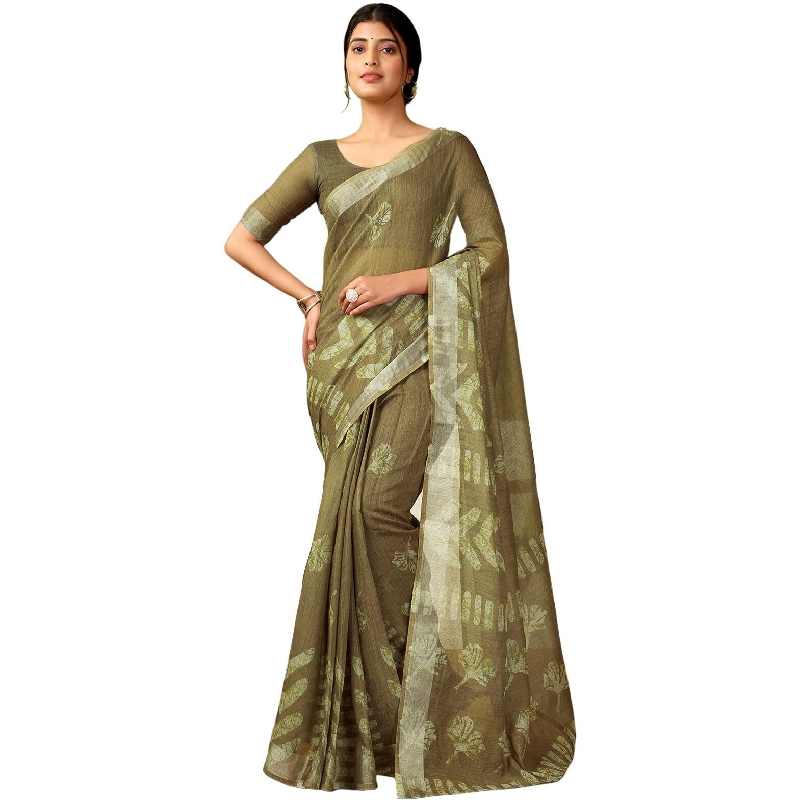 Satrani Women's Linen Printed & Zari Border Ready To Wear One Minute Pre Pleated Readymade Saree With Unstitched Blouse Piece (35Rs334N_Army Green)