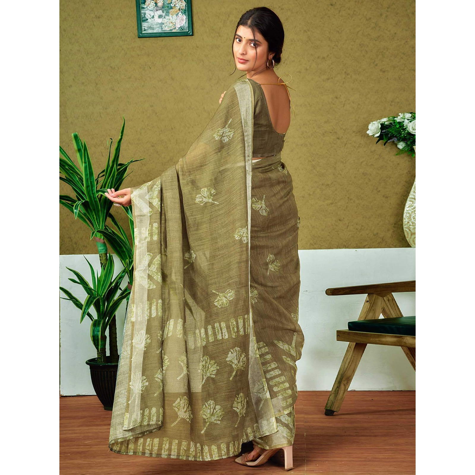 Satrani Women's Linen Printed & Zari Border Ready To Wear One Minute Pre Pleated Readymade Saree With Unstitched Blouse Piece (35Rs334N_Army Green)