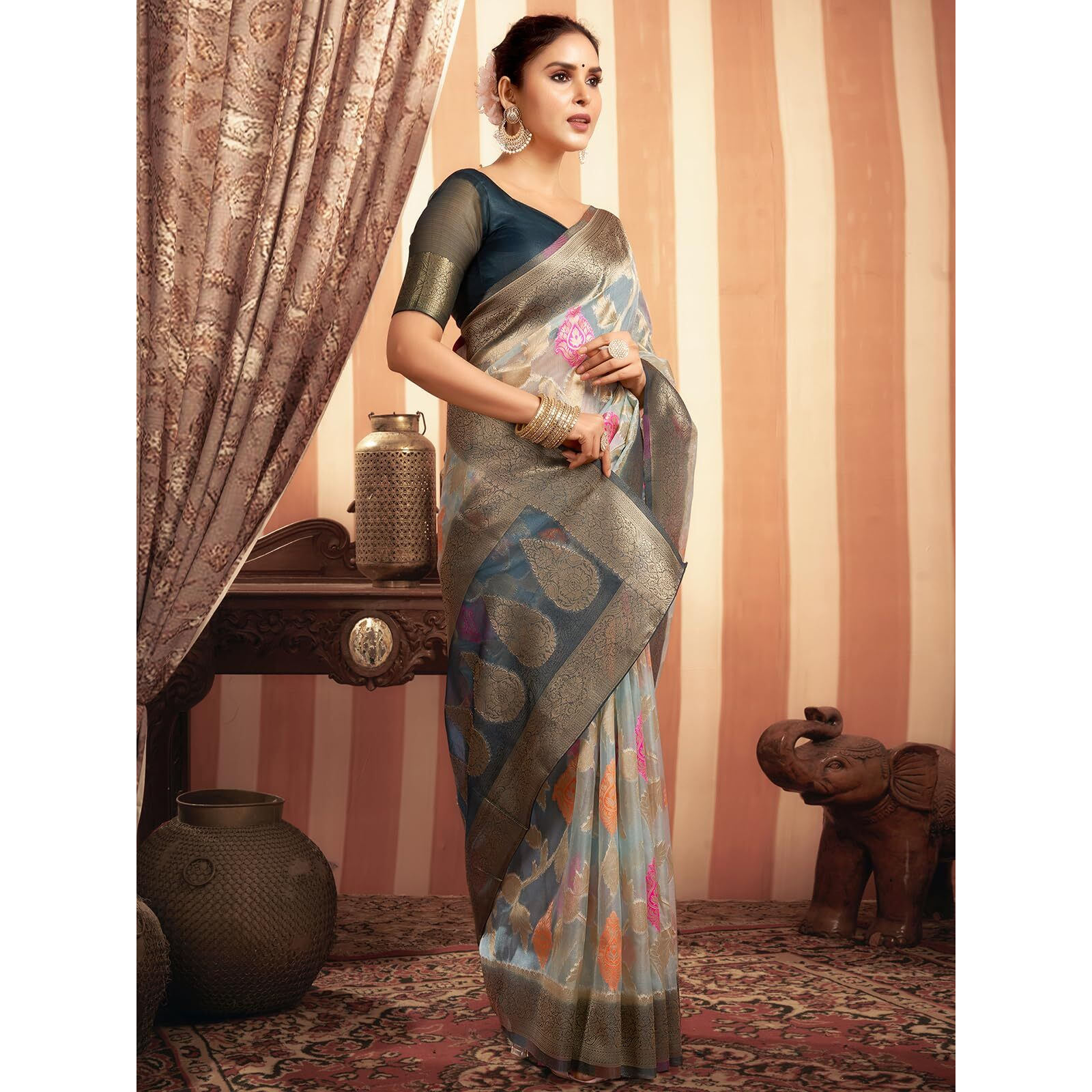 Satrani Women's Organza Banarasi Jacquard Saree With Unstitched Blouse Piece (3926S174N_Light Blue & Dark Rama Blue)