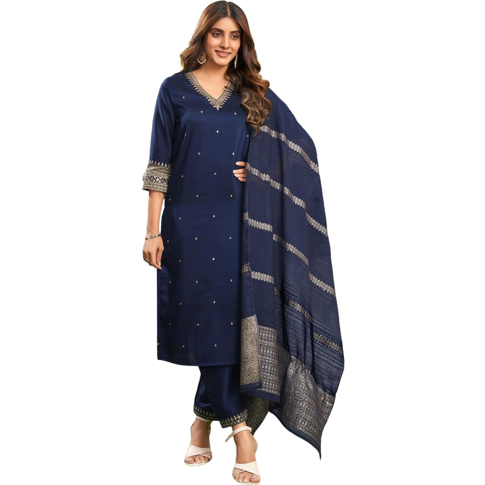 Sanisa Women's Chinnon Sequence And Embroidery Work Straight Kurta With Pant And Dupatta Set (195Kbd2075N-M_Royal Blue)