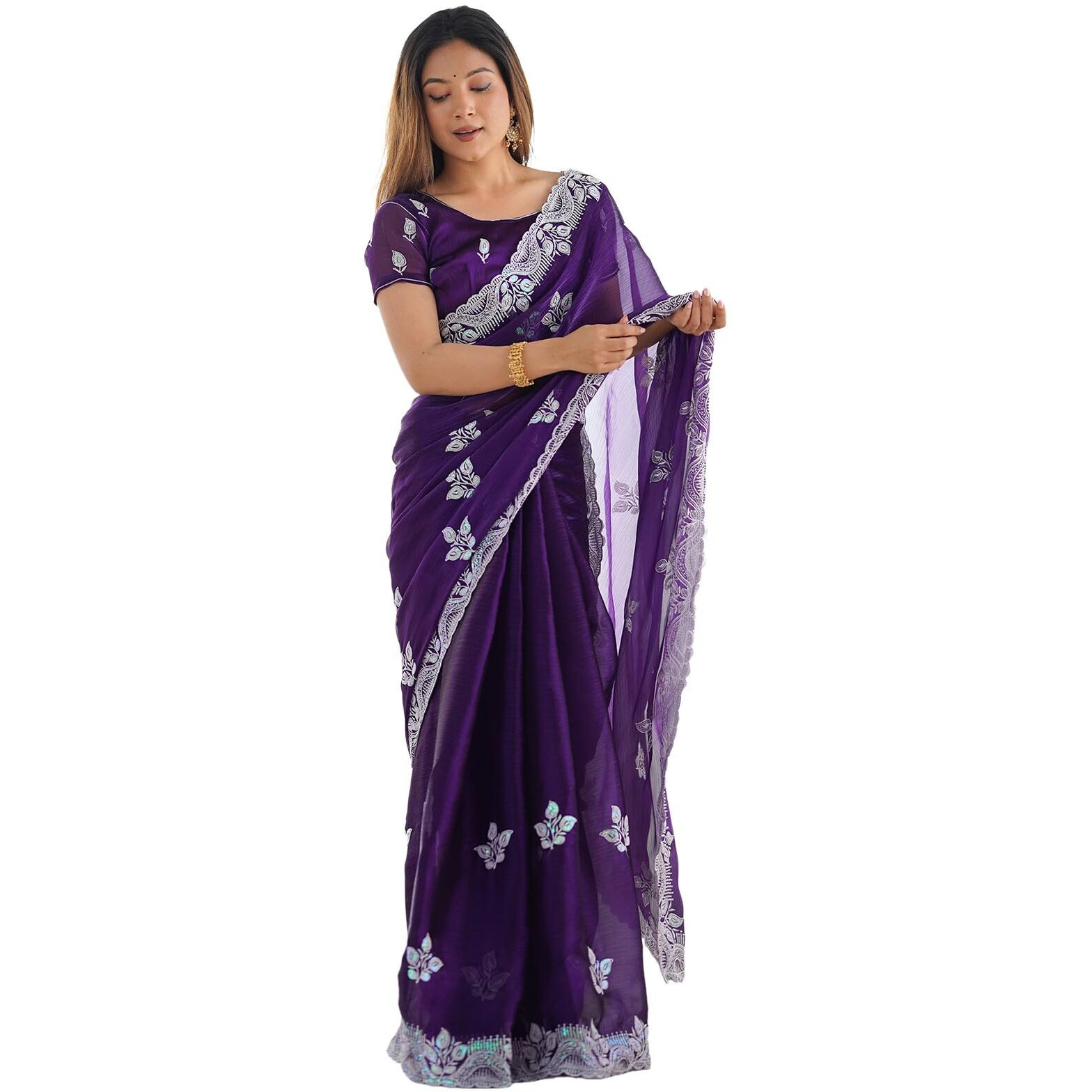 Satrani Women's Shimmer Chiffon Embroidery And Sequin Work Saree With Unstitched Blouse Piece (4136S155N_Dark Purple)