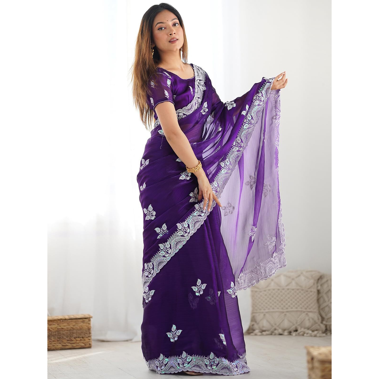 Satrani Women's Shimmer Chiffon Embroidery And Sequin Work Saree With Unstitched Blouse Piece (4136S155N_Dark Purple)