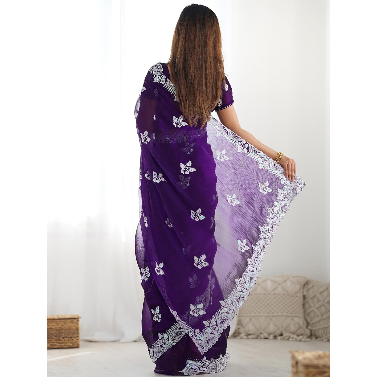 Satrani Women's Shimmer Chiffon Embroidery And Sequin Work Saree With Unstitched Blouse Piece (4136S155N_Dark Purple)