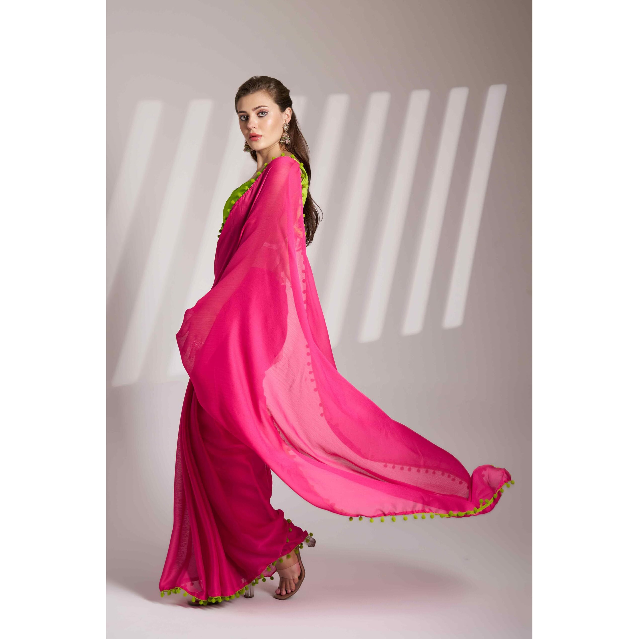 Shiv Textiles Women's Chiffon Lace Border Saree(Klis-925-Pink)