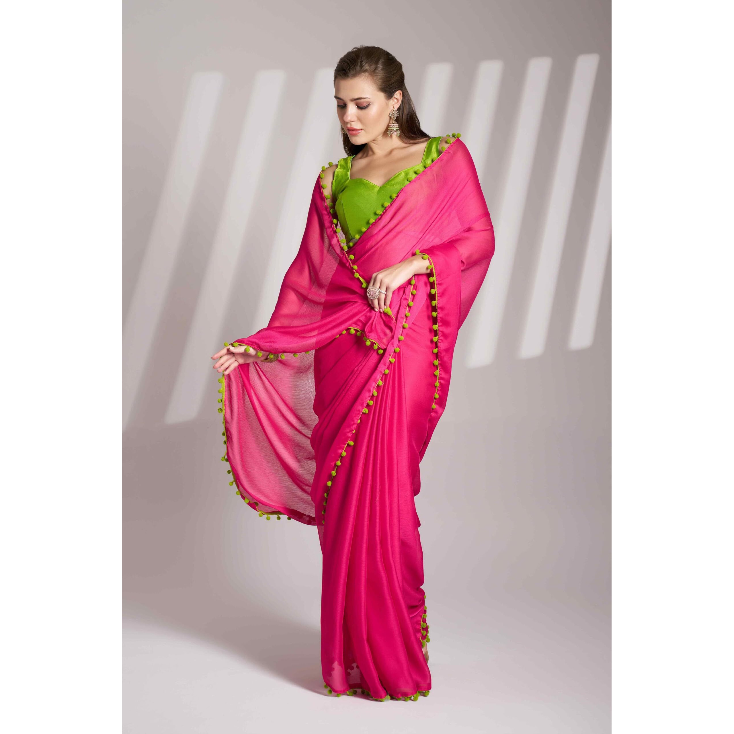 Shiv Textiles Women's Chiffon Lace Border Saree(Klis-925-Pink)