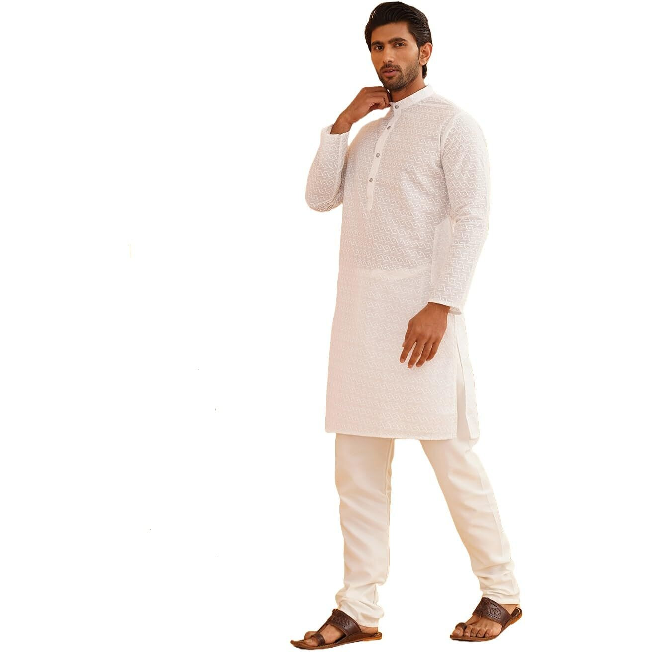 Sojanya (Since 1958 Men's Ethnic Motifs Embroidered Thread Work Pure Cotton White Straight Kurta With Churidar