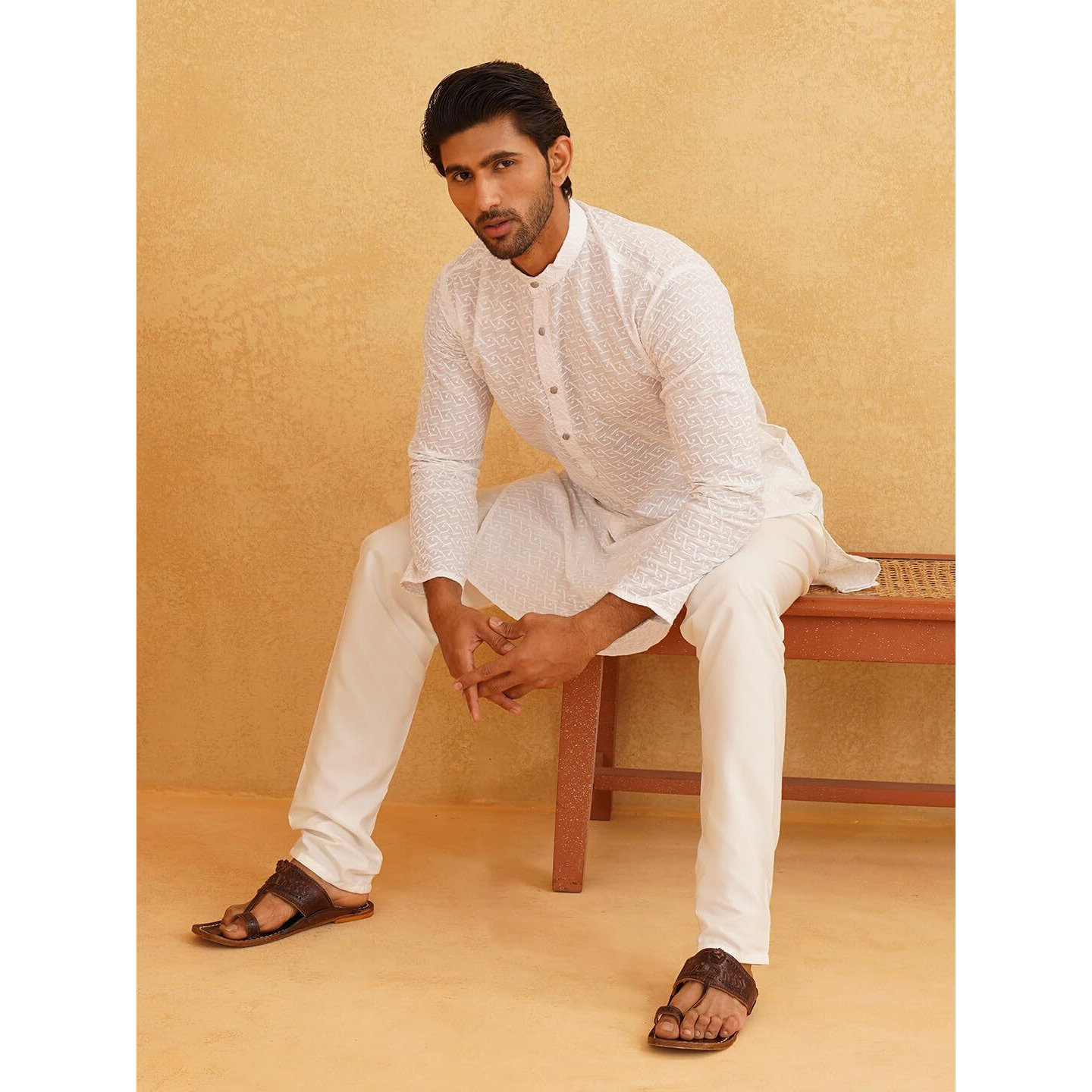 Sojanya (Since 1958 Men's Ethnic Motifs Embroidered Thread Work Pure Cotton White Straight Kurta With Churidar