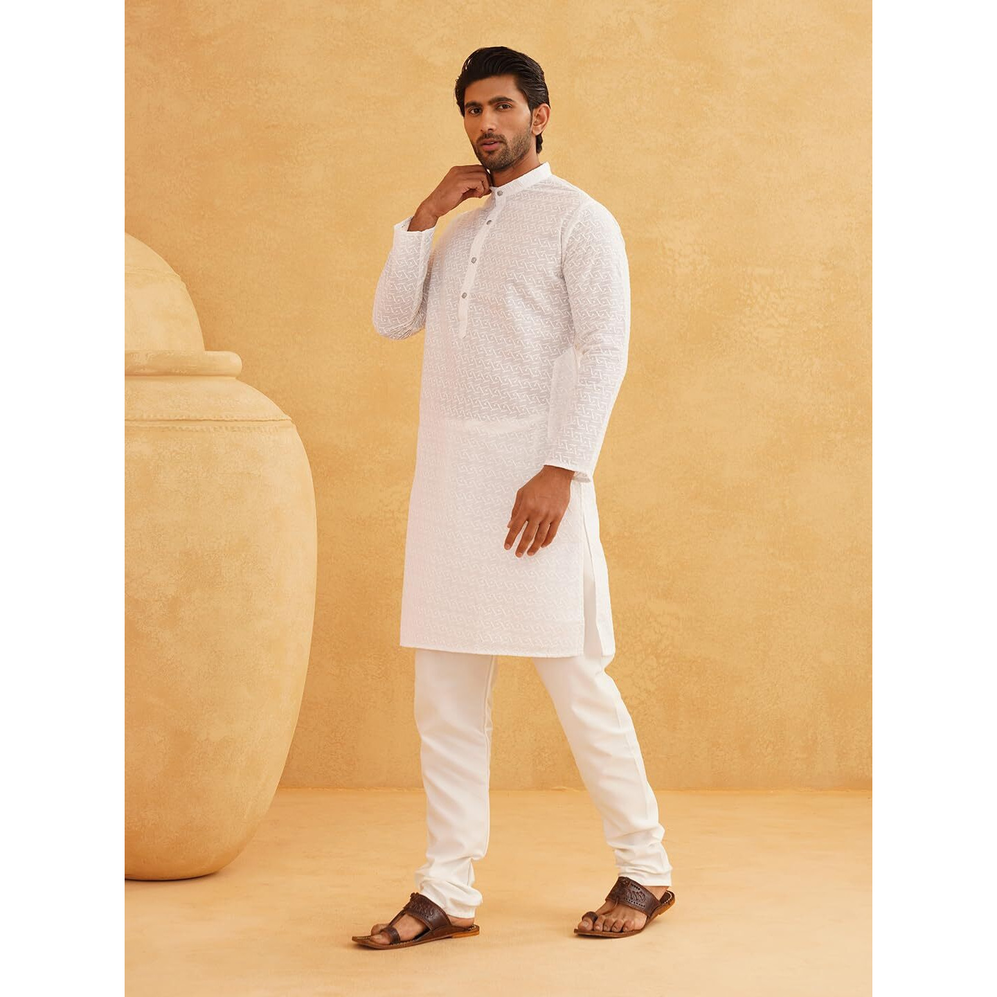 Sojanya (Since 1958 Men's Ethnic Motifs Embroidered Thread Work Pure Cotton White Straight Kurta With Churidar