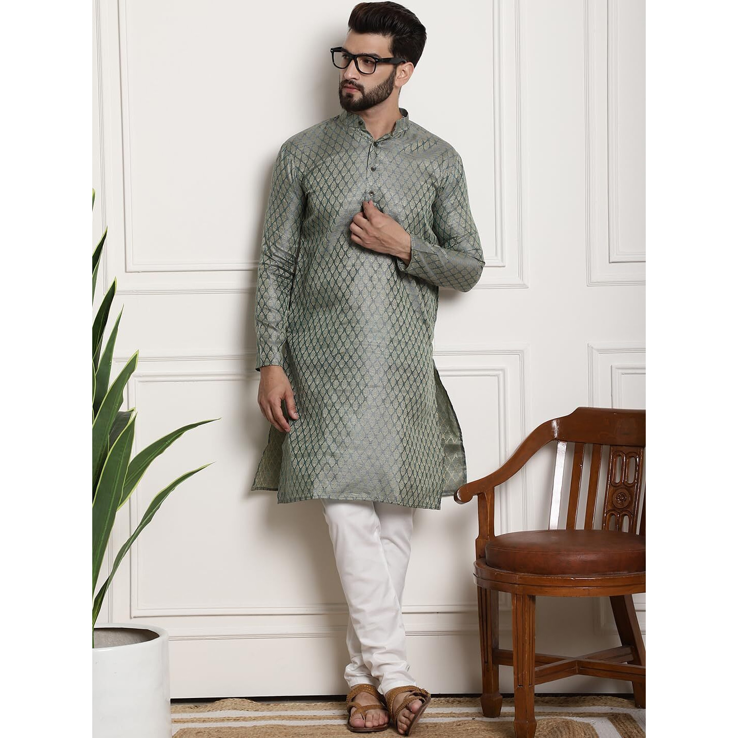 Sojanya (Since 1958 Men's Silk Blend Teal Green Self Design Kurta And White Churidar Pyjama Set