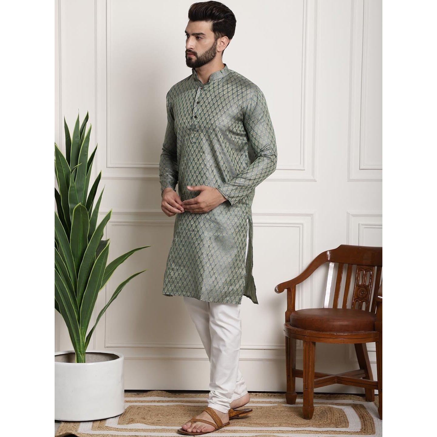 Sojanya (Since 1958 Men's Silk Blend Teal Green Self Design Kurta And White Churidar Pyjama Set
