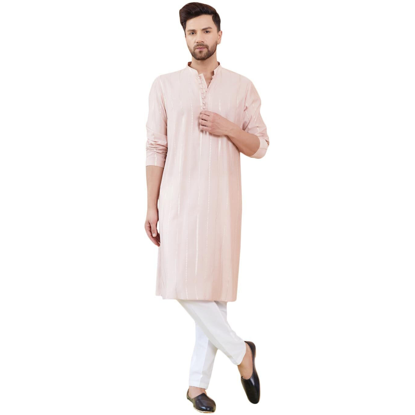 See Designs Men Full Sleeve Side Slit Pink And Gold Chanderi Silk Sequins Mandarin Collar Kurta - Sd2Kt_2432Xs
