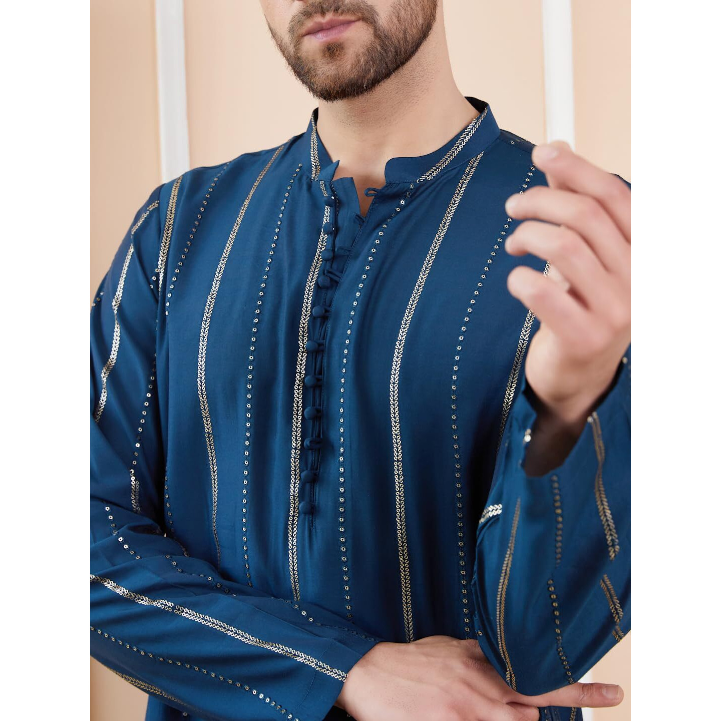 See Designs Men Full Sleeve Side Slit Teal And Gold Chanderi Silk Sequins Mandarin Collar Kurta - Sd2Kt_2429S