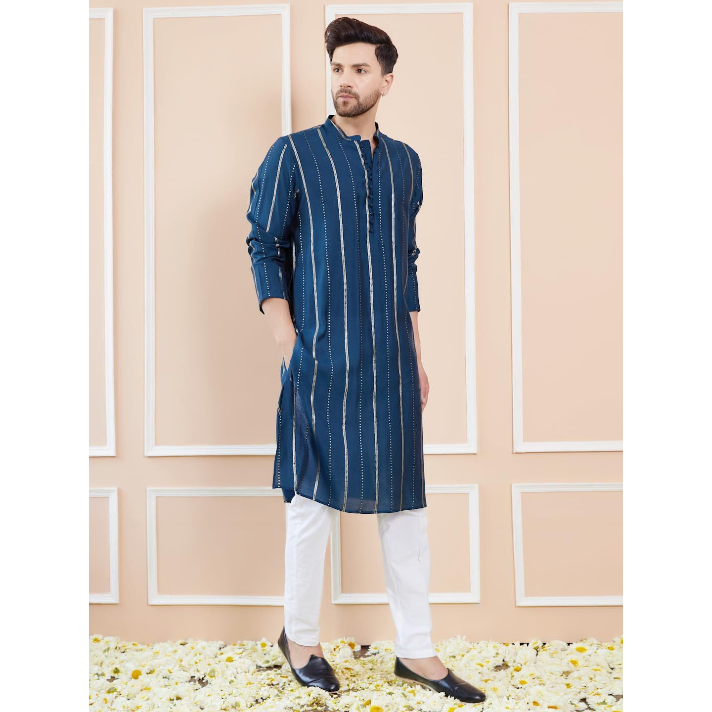 See Designs Men Full Sleeve Side Slit Teal And Gold Chanderi Silk Sequins Mandarin Collar Kurta - Sd2Kt_2429S