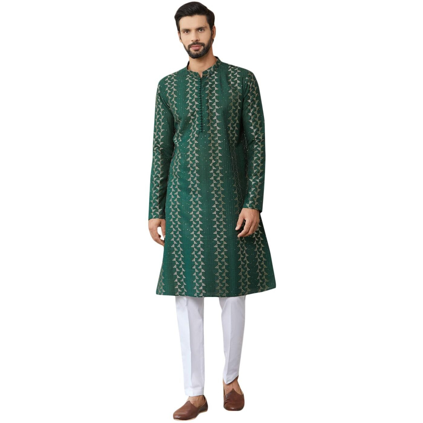 See Designs Men's Long Sleeve Mandarin Collar Side Slit Green Embroidered Thread Work Sequinned Chanderi Silk Straight Kurta - Sdkt2515M