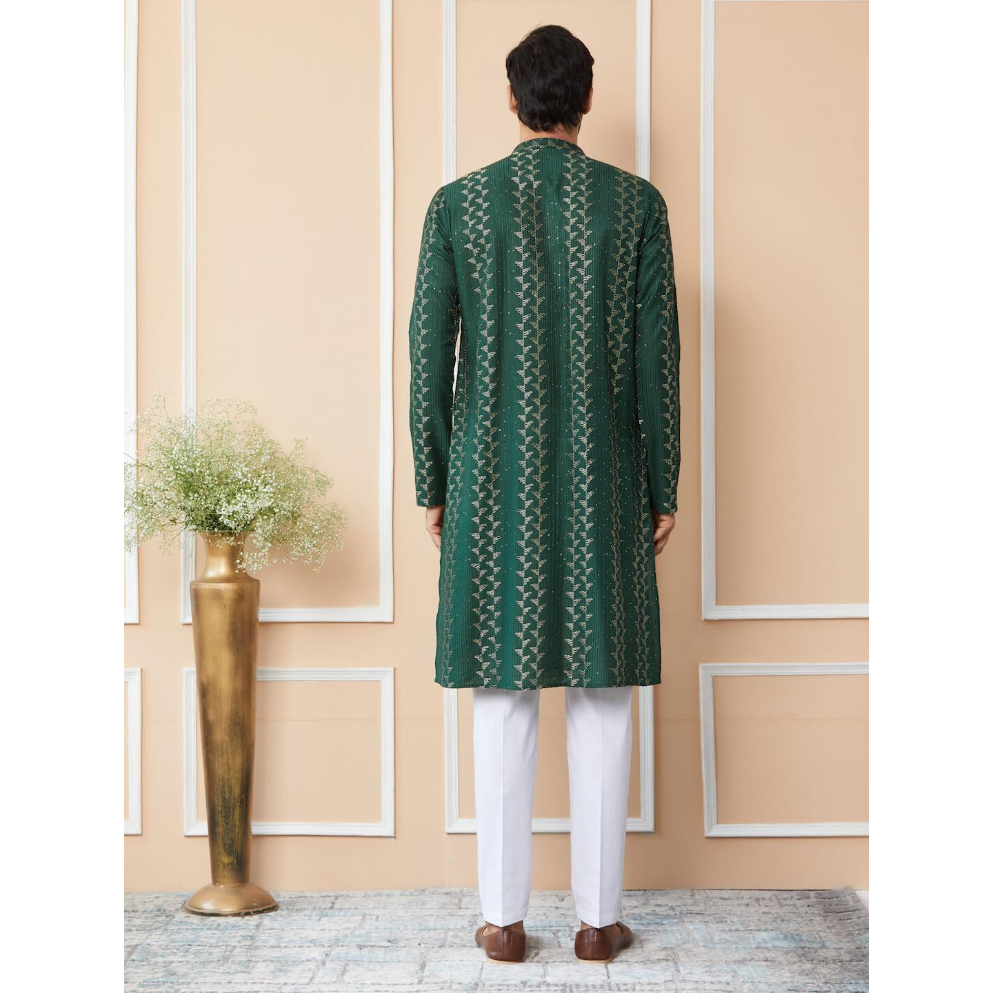 See Designs Men's Long Sleeve Mandarin Collar Side Slit Green Embroidered Thread Work Sequinned Chanderi Silk Straight Kurta - Sdkt2515M