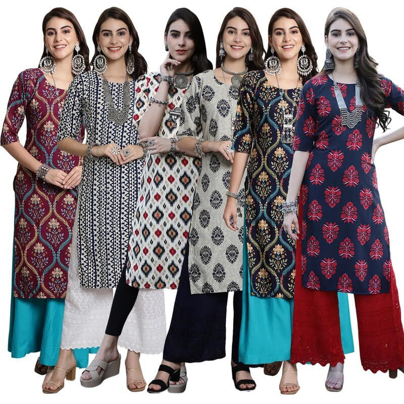 Tee Projekt Crepe Digital Printed Kurti For Women's Ll Effortless Elegance Kurti (Pack Of 6)