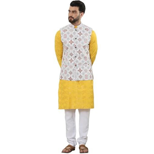 Sojanya (Since 1958 Men's Cotton Foil Printed Mustard Kurta And White Pyjama With Printed Cream Nehru Jacket