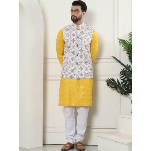 Sojanya (Since 1958 Men's Cotton Foil Printed Mustard Kurta And White Pyjama With Printed Cream Nehru Jacket