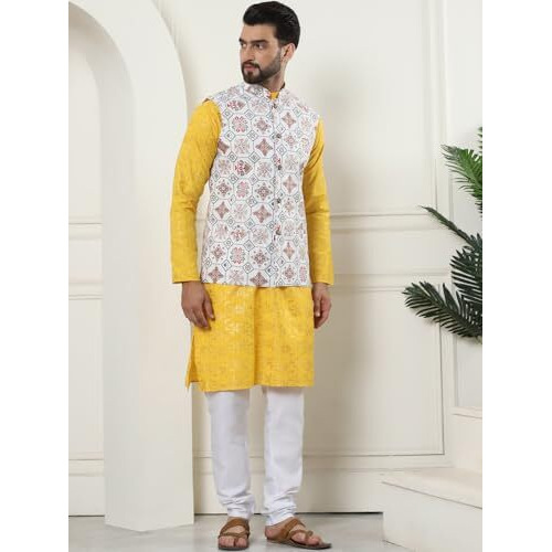 Sojanya (Since 1958 Men's Cotton Foil Printed Mustard Kurta And White Pyjama With Printed Cream Nehru Jacket